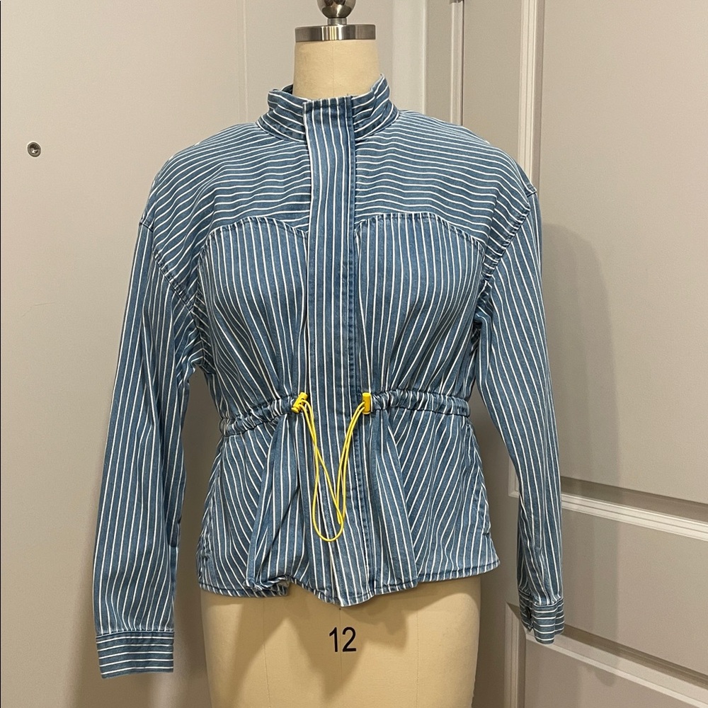 Blue Striped Utility Jacket with Yellow Drawstrings